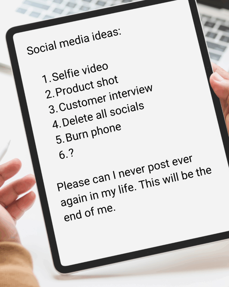 A person holding an iPad showing a satirical social media idea list expressing frustration with content creation