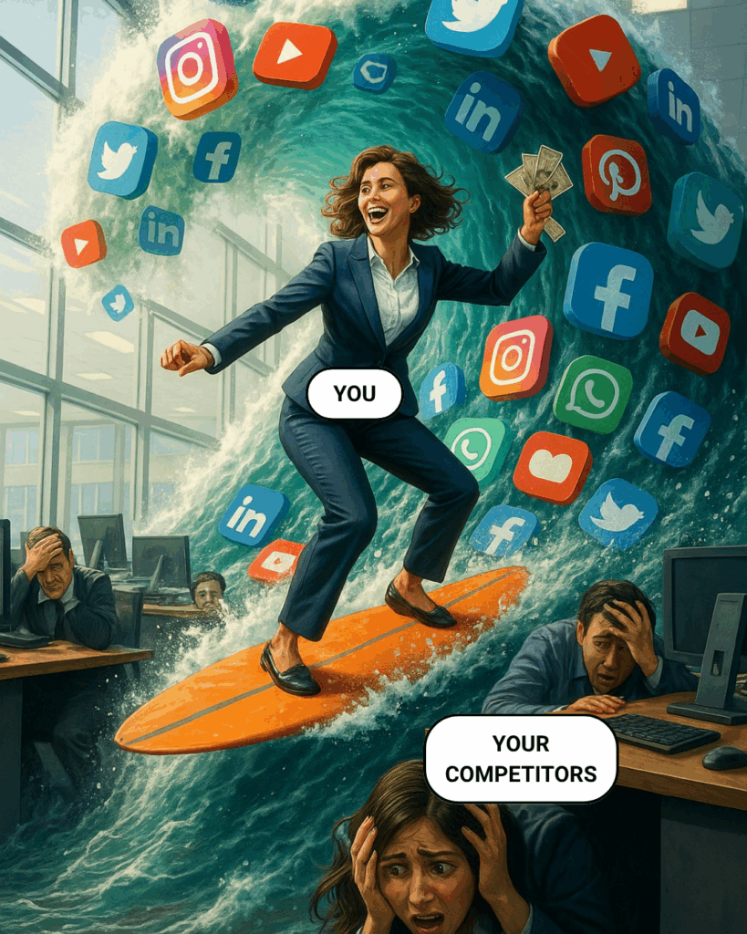 Smiling businesswoman surfing a giant wave of social media icons while overwhelmed competitors struggle at their desks